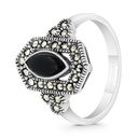 Sterling Silver 925 Ring Embedded With Natural Black Agate And Marcasite Stones