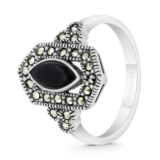 Sterling Silver 925 Ring Embedded With Natural Black Agate And Marcasite Stones