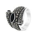 Sterling Silver 925 Ring Embedded With Natural Black Agate And Marcasite Stones