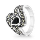 Sterling Silver 925 Ring Embedded With Natural Black Agate And Marcasite Stones