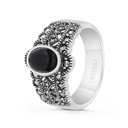 Sterling Silver 925 Ring Embedded With Natural Black Agate And Marcasite Stones