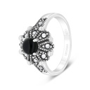 Sterling Silver 925 Ring Embedded With Natural Black Agate And Marcasite Stones