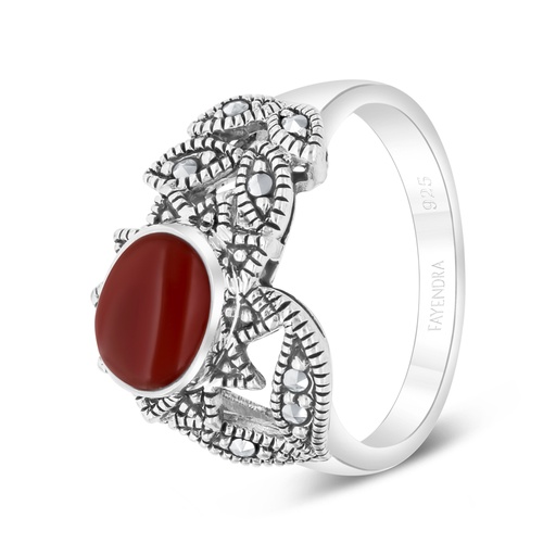 Sterling Silver 925 Ring Embedded With Natural Aqiq And Marcasite Stones