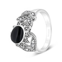 Sterling Silver 925 Ring Embedded With Natural Black Agate And Marcasite Stones