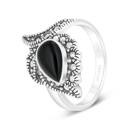 Sterling Silver 925 Ring Embedded With Natural Black Agate And Marcasite Stones