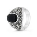 Sterling Silver 925 Ring Embedded With Natural Black Agate And Marcasite Stones