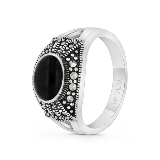 Sterling Silver 925 Ring Embedded With Natural Black Agate And Marcasite Stones