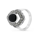 Sterling Silver 925 Ring Embedded With Natural Black Agate And Marcasite Stones