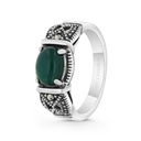 Sterling Silver 925 Ring Embedded With Natural Green Agate And Marcasite Stones