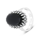 Sterling Silver 925 Ring Embedded With Natural Black Agate And Marcasite Stones