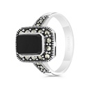 Sterling Silver 925 Ring Embedded With Natural Black Agate And Marcasite Stones