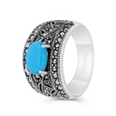 Sterling Silver 925 Ring Embedded With Natural Processed Turquoise And Marcasite Stones