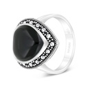 Sterling Silver 925 Ring Embedded With Natural Black Agate And Marcasite Stones