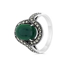 Sterling Silver 925 Ring Embedded With Natural Green Agate And Marcasite Stones