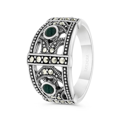 Sterling Silver 925 Ring Embedded With Natural Green Agate And Marcasite Stones