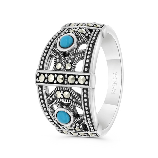 Sterling Silver 925 Ring Embedded With Natural Processed Turquoise And Marcasite Stones