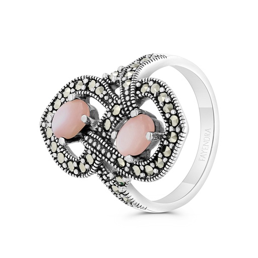 Sterling Silver 925 Ring Embedded With Natural Pink Shell And Marcasite Stones