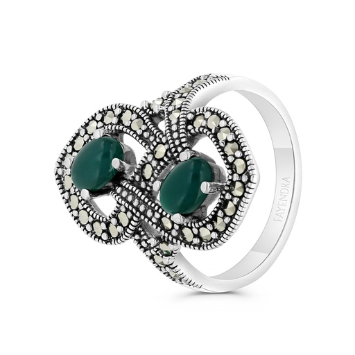 Sterling Silver 925 Ring Embedded With Natural Green Agate And Marcasite Stones