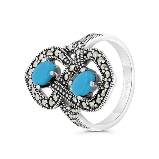 Sterling Silver 925 Ring Embedded With Natural Processed Turquoise And Marcasite Stones