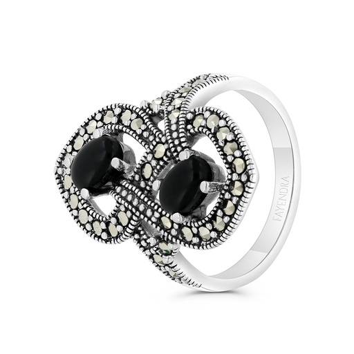 Sterling Silver 925 Ring Embedded With Natural Black Agate And Marcasite Stones