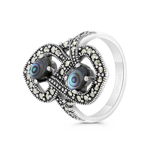 Sterling Silver 925 Ring Embedded With Natural Blue Shell And Marcasite Stones