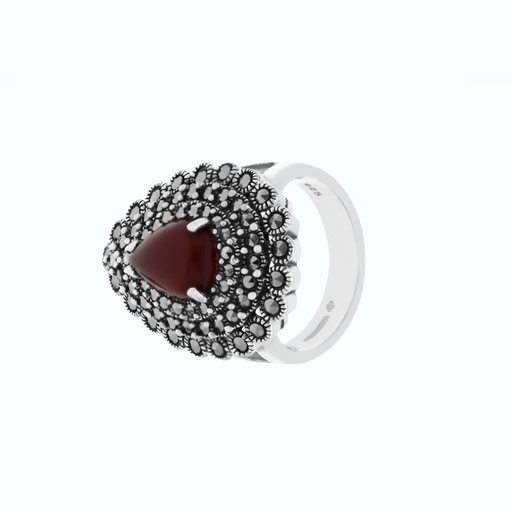 Sterling Silver 925 Ring Embedded With Natural Aqiq And Marcasite Stones