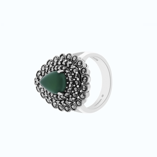 Sterling Silver 925 Ring Embedded With Natural Green Agate And Marcasite Stones