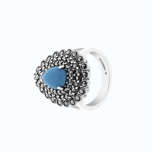 Sterling Silver 925 Ring Embedded With Natural Processed Turquoise And Marcasite Stones