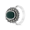 Sterling Silver 925 Ring Embedded With Natural Green Agate And Marcasite Stones