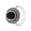 Sterling Silver 925 Ring Embedded With Natural Black Agate And Marcasite Stones