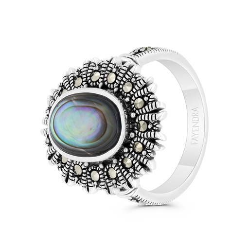 Sterling Silver 925 Ring Embedded With Natural Blue Shell And Marcasite Stones