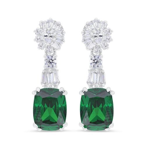 [EAR01EMR00WCZC038] Sterling Silver 925 Earring Rhodium Plated Embedded With Emerald Zircon And White CZ
