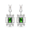 Sterling Silver 925 Earring Rhodium Plated Embedded With Emerald Zircon And White CZ