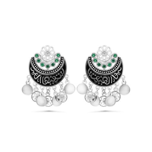 [EAR01EMR00WCZC070] Sterling Silver 925 Earring Rhodium Plated Embedded With Emerald Zircon And White CZ