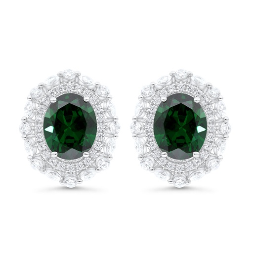 [EAR01EMR00WCZC076] Sterling Silver 925 Earring Rhodium Plated Embedded With Emerald Zircon And White CZ