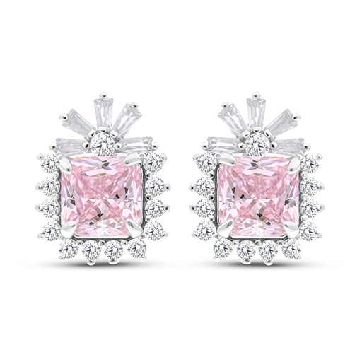 [EAR01PIK00WCZC065] Sterling Silver 925 Earring Rhodium Plated Embedded With Pink Zircon And White CZ