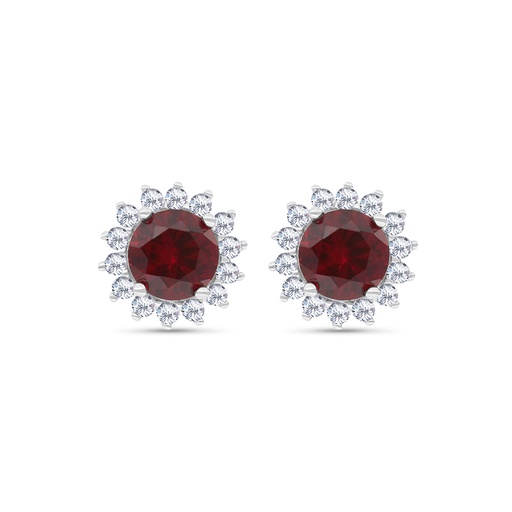 [EAR01RUB00WCZC037] Sterling Silver 925 Earring Rhodium Plated Embedded With Ruby Corundum And White CZ