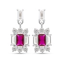 Sterling Silver 925 Earring Rhodium Plated Embedded With Ruby Corundum And White CZ
