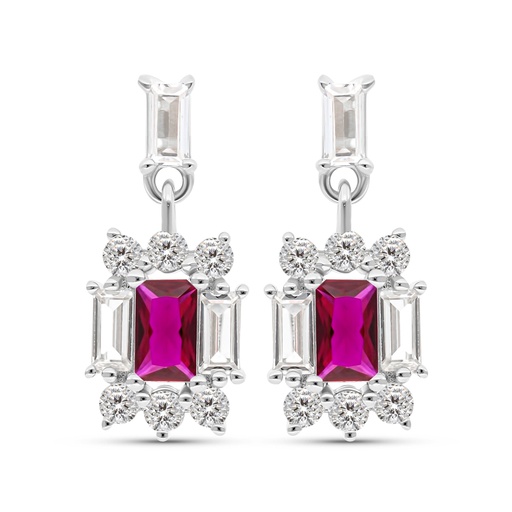 [EAR01RUB00WCZC044] Sterling Silver 925 Earring Rhodium Plated Embedded With Ruby Corundum And White CZ