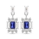 Sterling Silver 925 Earring Rhodium Plated Embedded With Sapphire Corundum And White CZ