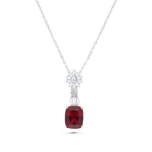 [NCL01RUB00WCZB131] Sterling Silver 925 Necklace  Rhodium Plated Embedded With Ruby Corundum And White Zircon