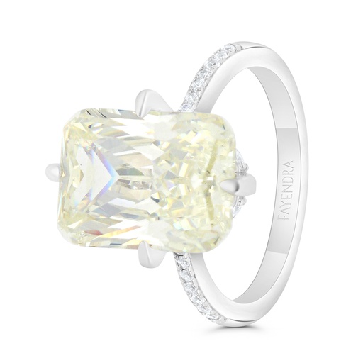 Sterling Silver 925 Ring Rhodium Plated Embedded With Yellow Zircon And White CZ