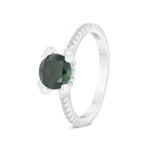 Sterling Silver 925 Ring Rhodium Plated Embedded With Emerald Zircon And White CZ