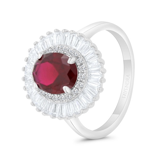 Sterling Silver 925 Ring Rhodium Plated Embedded With Ruby Corundum And White CZ