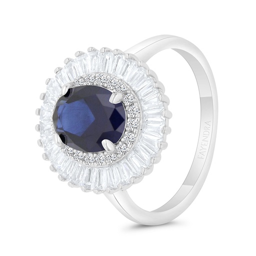 Sterling Silver 925 Ring Rhodium Plated Embedded With Sapphire Corundum And White CZ