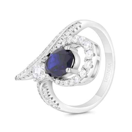 Sterling Silver 925 Ring Rhodium Plated Embedded With Sapphire Corundum And White CZ