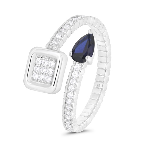 Sterling Silver 925 Ring Rhodium Plated Embedded With Sapphire Corundum And White CZ