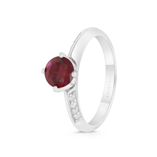 Sterling Silver 925 Ring Rhodium Plated Embedded With Ruby Corundum And White CZ