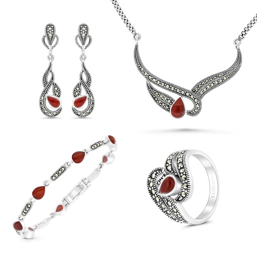 Sterling Silver 925 Set Embedded With Natural Aqiq And Marcasite Stones