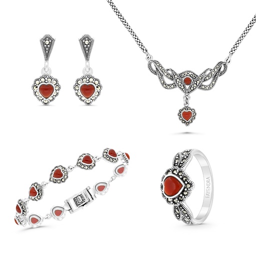 Sterling Silver 925 Set Embedded With Natural Aqiq And Marcasite Stones